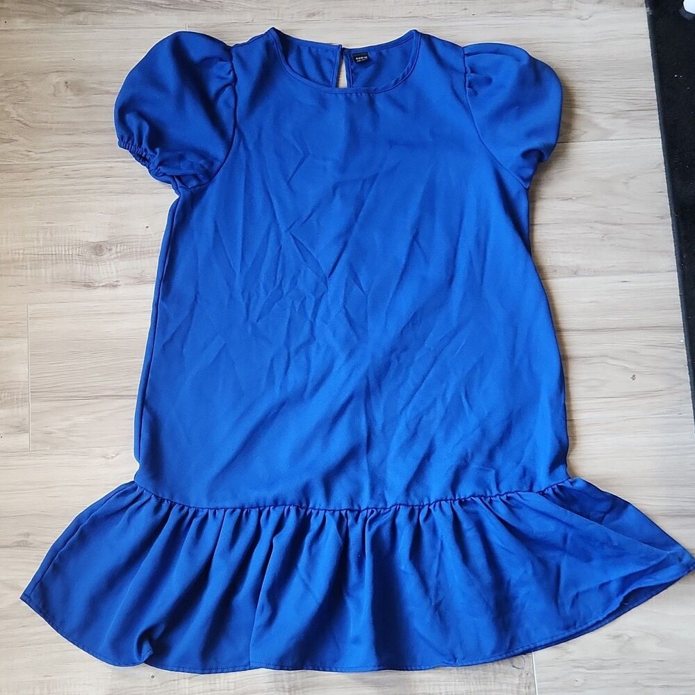 SHEIN Blue A-Line Dress M Puff Sleeve Ruffle Back Button Casual Midi